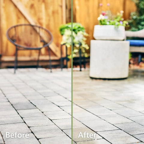 Before and after comparison of pavers treated with Hella Tough Semi Gloss Stone Sealer For Natural Stone Pavers Tile And Concrete With A Smooth Wet Look Finish That Keeps Oil And Water Spills At Bay Indoors Or Out Using A Water Based Formula For Serious Daily Protection In A One Gallon Size.