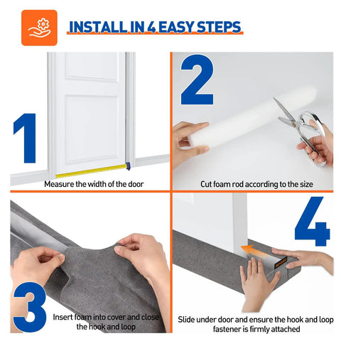Adjustable Under Door Draft Stopper Gap Filler Cuts For Doors 24 To 32 Inches Seals Out Cold Air Bugs And Drafts Removable Fabric Cover With Foam Rods Makes Cleaning Easy Keeps Space Hella Cozy Gray installation steps including measuring, cutting, and inserting foam.