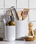 Two Piece Ceramic Utensil Holder Set For Kitchen Countertop White Fluted Crock Organizer Large 7.3 Inch And Small 5.4 Inch