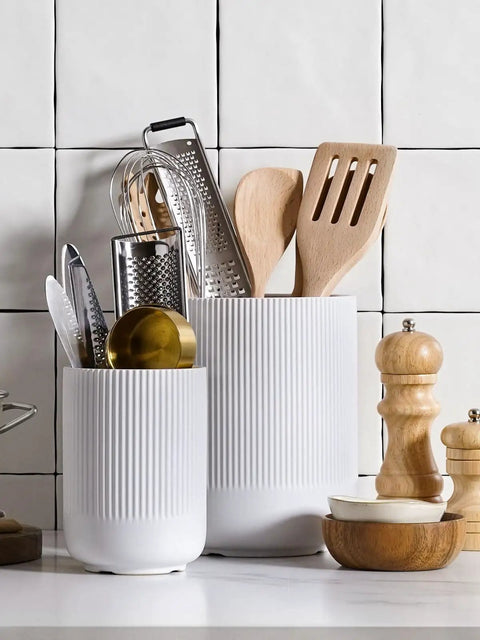 Two Piece Ceramic Utensil Holder Set For Kitchen Countertop White Fluted Crock Organizer Large 7.3 Inch And Small 5.4 Inch