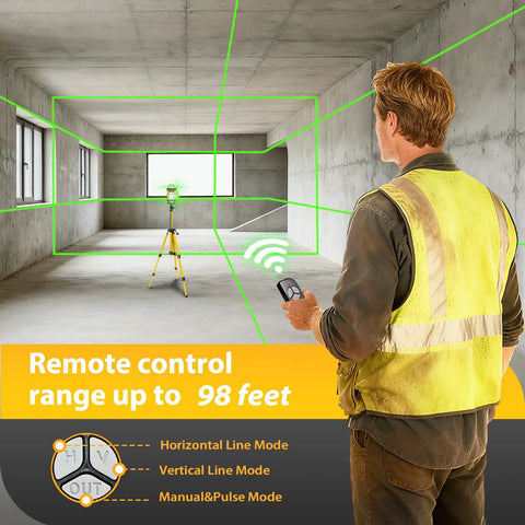 360 Degree Self Leveling Laser Level With Tripod For Construction, Green 4D Laser, remote control in unfinished room