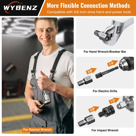 Man holding tool from Seventeen Piece Screw Extractor Set With Three Eighths Inch Drive Easy Out For Stripped Screws Bolts And Nuts. Image shows wrench and adapter usage.