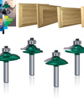 Five Piece Woodworking Router Bit Set With 1 Quarter Inch Shank For Cabinets, Doors, Frames And Molding, Razor Sharp Carbide Cutters For CNC Milling, A Breeze To Use On MDF, Solid Wood, Particle Board, And Plywood. Five-piece 1/4-inch shank router bits shown with cabinet door profiles