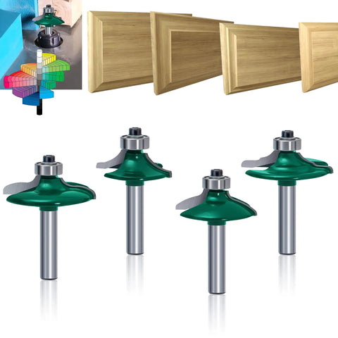 Five Piece Woodworking Router Bit Set With 1 Quarter Inch Shank For Cabinets, Doors, Frames And Molding, Razor Sharp Carbide Cutters For CNC Milling, A Breeze To Use On MDF, Solid Wood, Particle Board, And Plywood. Five-piece 1/4-inch shank router bits shown with cabinet door profiles