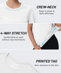 Women's Short Sleeve Athletic Tee With UPF 50+ Sun Protection showing crew-neck, 4-way stretch, and printed tag details in white.