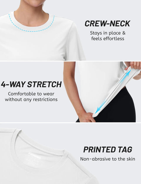 Women's Short Sleeve Athletic Tee With UPF 50+ Sun Protection showing crew-neck, 4-way stretch, and printed tag details in white.