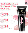 Saviland poly nail gel tube with hema free poly gel nail kit benefits and pink color swatches.