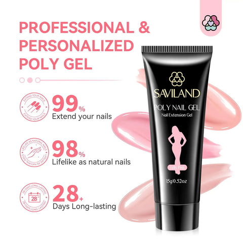 Saviland poly nail gel tube with hema free poly gel nail kit benefits and pink color swatches.