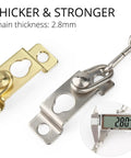 Built Tough Door Chain Lock For Inside Doors, silver finish chain lock with 2.8mm thickness, shown with thickness gauge