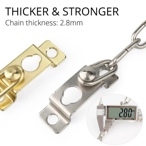 Built Tough Door Chain Lock For Inside Doors, silver finish chain lock with 2.8mm thickness, shown with thickness gauge