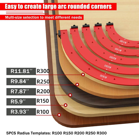 Five-Piece Router Corner Radius Template Set For Woodworking With Durable Aluminum Radius Jig And Corner Routing Guide, Includes R100 R150 R200 R250 R300 For Furniture Edges, Cabinets, And Decorative Trims.