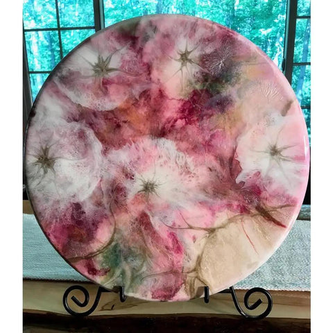 15 Inch Rustic Farmhouse Round Wooden Lazy Susan Centerpiece For Dining Table And Kitchen Storage Turntable For Pantry Cupboard Home Decor Great For Entertaining And Everyday Use Go To Hosting Must Have, with floral design on display stand.