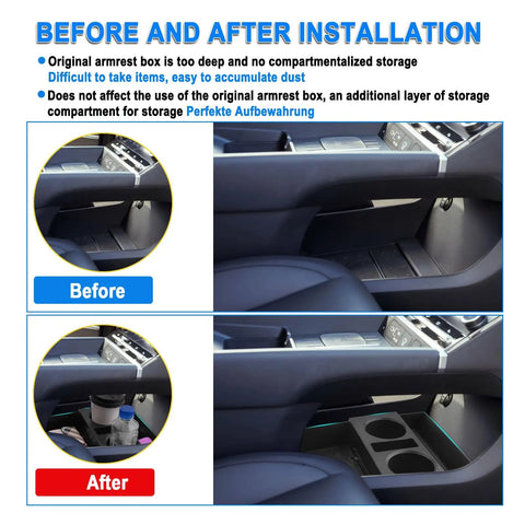 Before and after of Hyundai Santa Fe Under Console Organizer Tray for 2024 to 2026 models installation.