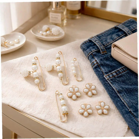 Eight Piece Pearl Waist Tightener Pins With Secure Locking Buckle System Fixes Loose Jeans And Skirts Instantly No Sew Hidden Dress Clips on fabric with denim and bag.