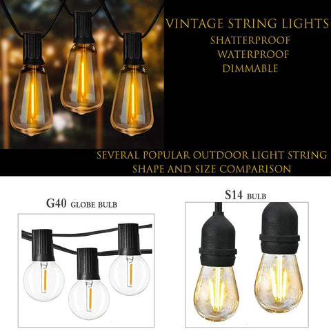 36 Foot Outdoor String Lights With LED Filament Bulbs Dimmable And Waterproof Shatterproof Edison Vintage Style comparison