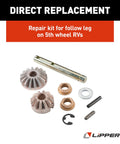 Power Landing Gear Repair Kit For 5th Wheel RV Follow Leg Replacement Hardware with gears, shaft, bushings, clips, washers.