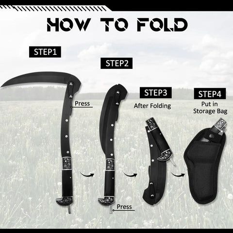 Instructions for folding the Folding Sickle Garden Tool With Wooden Handle And Sheath Portable Sharp Grass Cutter For Weeds And Lawn Care