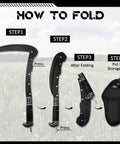 Step-by-step folding guide for Two Pack Black Folding Sickle Fourteen Point Six Inch Grass Hand Sickle With Wooden Handle and Sheath.