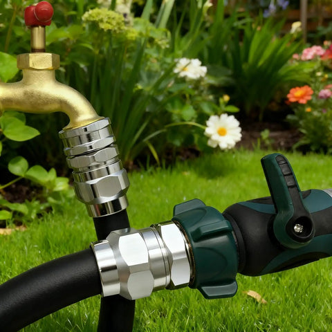 Solid Brass Five Eighths Inch Garden Hose Repair Kit With Heavy Duty Male And Female Ends connected in garden setup