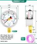 Dimensions of Liquid Filled Pressure Gauge 0-300 PSI, 2.5 Inch Dial, Stainless Steel, Reset Pointer, One Quarter Inch NPT Lower Mount.