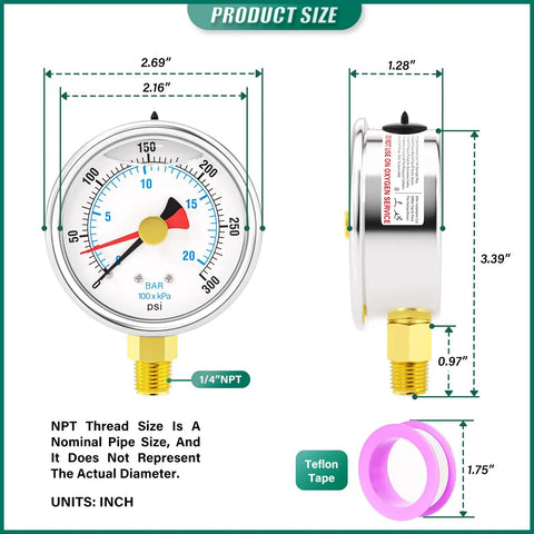 Dimensions of Liquid Filled Pressure Gauge 0-300 PSI, 2.5 Inch Dial, Stainless Steel, Reset Pointer, One Quarter Inch NPT Lower Mount.