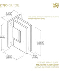 Sizing guide for Heavy Duty 90 Degree Shower Door Hinge in Brushed Nickel, full back plate, fits 3/8 to 1/2 inch glass.
