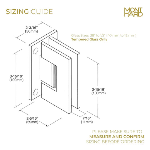 Sizing guide for Heavy Duty 90 Degree Shower Door Hinge in Brushed Nickel, full back plate, fits 3/8 to 1/2 inch glass.
