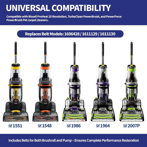 5 carpet cleaners compatible with 3 in 1 Belt Replacement Kit for ProHeat 2X Revolution Pet Pro, featuring model numbers 1551, 1548, 1986, 1964, 2007P.