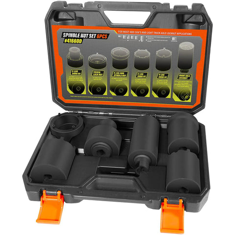 Six Piece Spindle Nut Socket Set With One Half Inch Drive For Ford F250 F350 Dana Axles Toyota GM Chevy Dodge Spindle Lock Nut Removal And Installation Kit Lug Out Tool displayed in open case