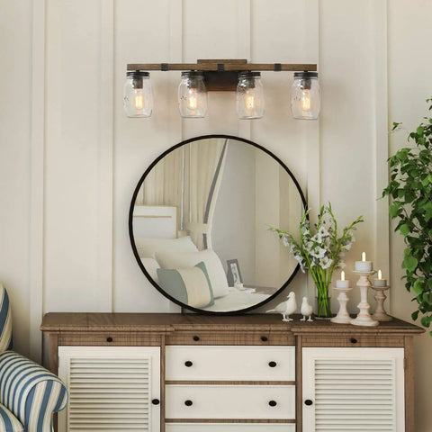 Rustic Farmhouse Vanity Light With Mason Jar Glass Shades Four Light Wall Sconces Faux Wood Finish 29 Inch Bathroom Lighting Farmhouse Chic Bath Decor