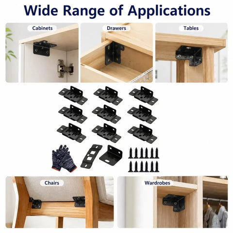 Heavy Duty Stainless Steel Quick Fitting Furniture Corner Brackets Set With Screws, 10 piece L Shape, mounted on furniture corner.