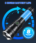 Rechargeable 100000 Lumen LED Flashlight for Camping With 4 Modes, highlighting 8 hours battery life and ultra bright beaming light