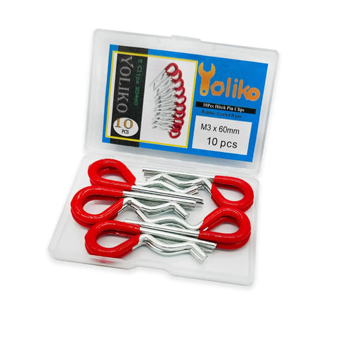 Beefy Ten Pack Heavy Duty Hitch Pins R Clips With Rubber Coated Grips 60mm Long 3mm Wire Diameter in open packaging.