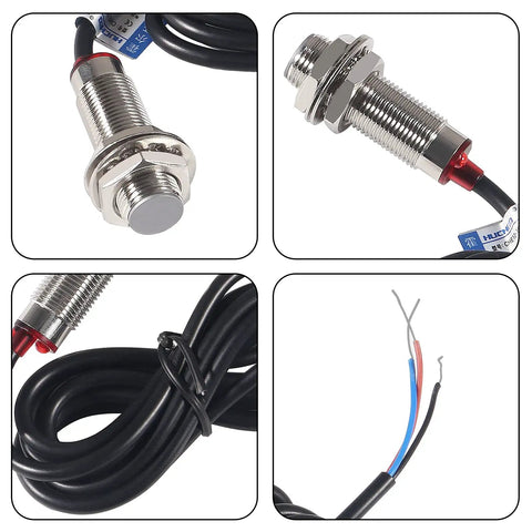 Four Pack 10mm Hall Effect Proximity Sensor NJK 5002C NPN Normally Open Three Wire Switch With Magnet DC Five To Thirty Volts Detects Metal Objects 150mA Load 12mm Thread 32mm Thread Length, threaded metal sensor with cable