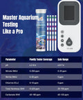 6 In 1 Digital Aquarium Water Test Kit with 50 strips for fresh and saltwater tanks, digital reader, and parameter guide.