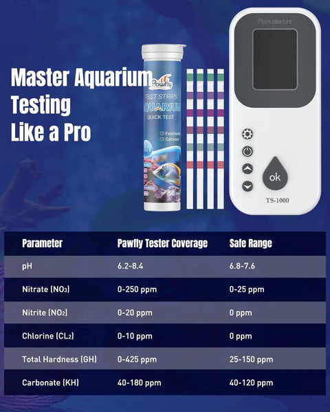 6 In 1 Digital Aquarium Water Test Kit with 50 strips for fresh and saltwater tanks, digital reader, and parameter guide.