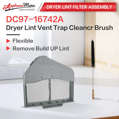 Plug-And-Play Dryer Lint Trap Filter Replacement For Samsung Dryers With Flap And Vent Cleaner Brush Includes DC97-16742A DC61-03048A DC61-02610A AP5306681 PS4221839 AP4578784 2069511 DV45H7000EWA2 DV40J3000GWA2 DVE50R5200WA3 shown with vent cleaner brush