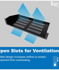 Top Shelf 2U Cantilever Rack Shelf Pair For 19 Inch Server Racks Built Different With Ventilating Steel Tray Holds Up To 50 Pounds showing slotted design for airflow.