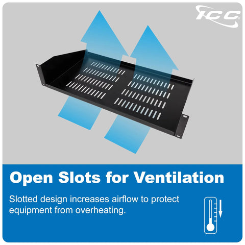 Top Shelf 2U Cantilever Rack Shelf Pair For 19 Inch Server Racks Built Different With Ventilating Steel Tray Holds Up To 50 Pounds showing slotted design for airflow.