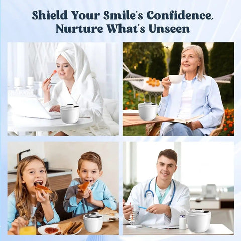 Collage featuring a High Performance Ultrasonic Jewelry Cleaner For Home Use with diverse users eating breakfast or relaxing outdoors.