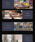 Image showcasing a heavy-duty air curtain creating airflow in various commercial settings, including a store and restaurant.