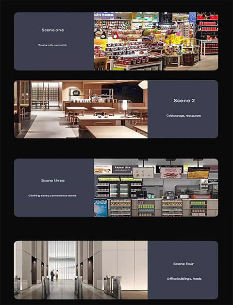 Image showcasing a heavy-duty air curtain creating airflow in various commercial settings, including a store and restaurant.