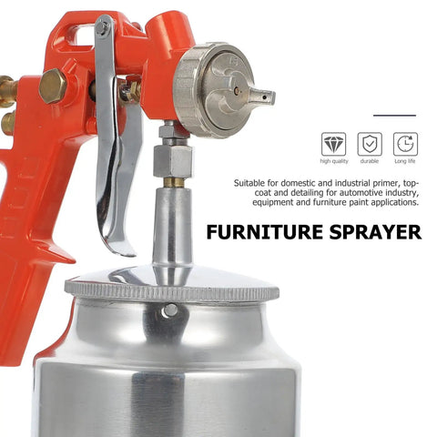 Pro Grade Pneumatic Paint Spray Gun With Adjustable Flow Control Knob For Furniture Cars Fences And Porch Touch Ups close-up of nozzle and canister