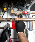 Kickass 2Pcs Copper Ball Valve 6MM Fittings With Red Handle installed in plumbing, hand using wrench on copper tubing.