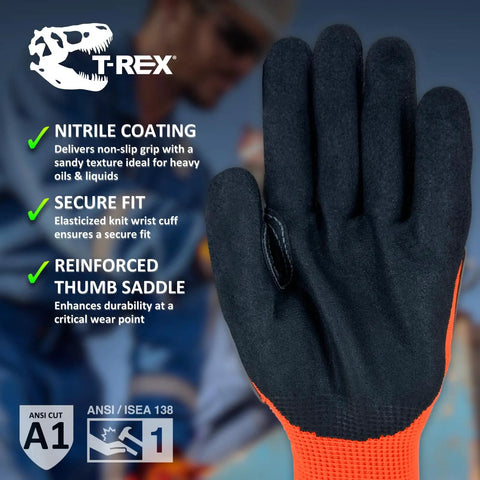 T Rex Flex Series Sandy Nitrile Coated Knit Impact Gloves One Pair Size 9 Large With M Force Defense System Deflects Impacts To Fingertips And Between Thumb And Index For Superior Grip On Light Oils