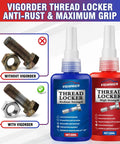 Front view: two Vigorder thread locker bottles (blue medium, red high) 50 ml each with bolts and nuts.