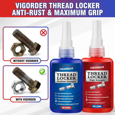 Front view: two Vigorder thread locker bottles (blue medium, red high) 50 ml each with bolts and nuts.