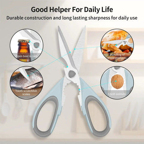 Left Handed Kitchen Scissors For Meat And Poultry, Beefy Multifunctional Heavy Duty Safe Food Shears, Stainless Steel, Razor Sharp For Cutting Fish, Deboning, Scaling, And Veggie Prep, light blue handles