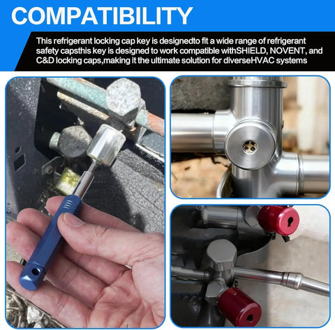 HVAC technician using Must Have All In One Universal Locking Cap Tool Kit for various HVAC fittings and connections.