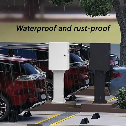 Heavy Duty EV Charger Cover Wall Mounted Rainproof Galvanized Steel Shield Hella Tough For Indoors Outdoors Plug N Play Ready With Complete Mount Kit in rain.